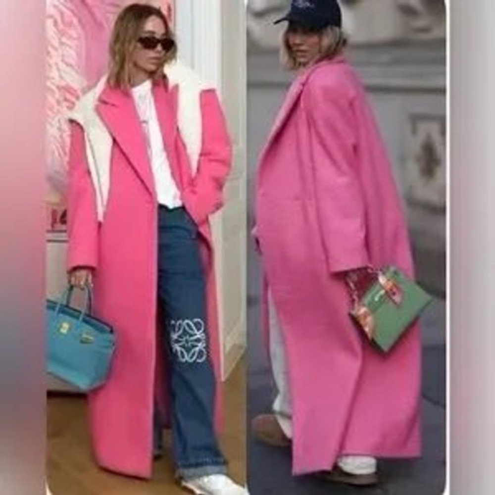 NA-KD Longline Boucle Wool Blend Coat‎ Hot Pink Oversized Single Button Size 36 - Picture 4 of 9
